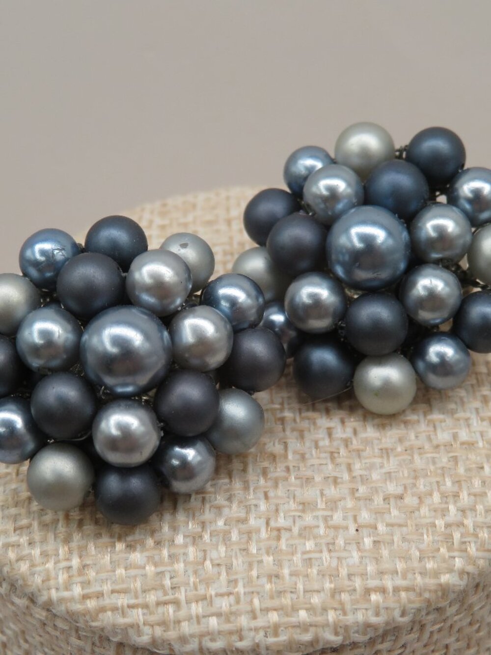 Vintage Japan Blue Silver Faux Pearls Clip On Earrings